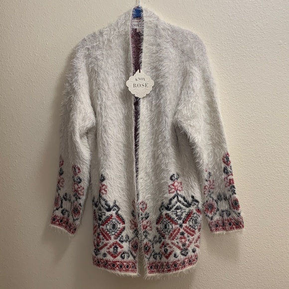 Knox Rose Sweaters - Knox Rose Boho Eyelash Open Cardigan Women’s Size Large Floral Geometric Red New